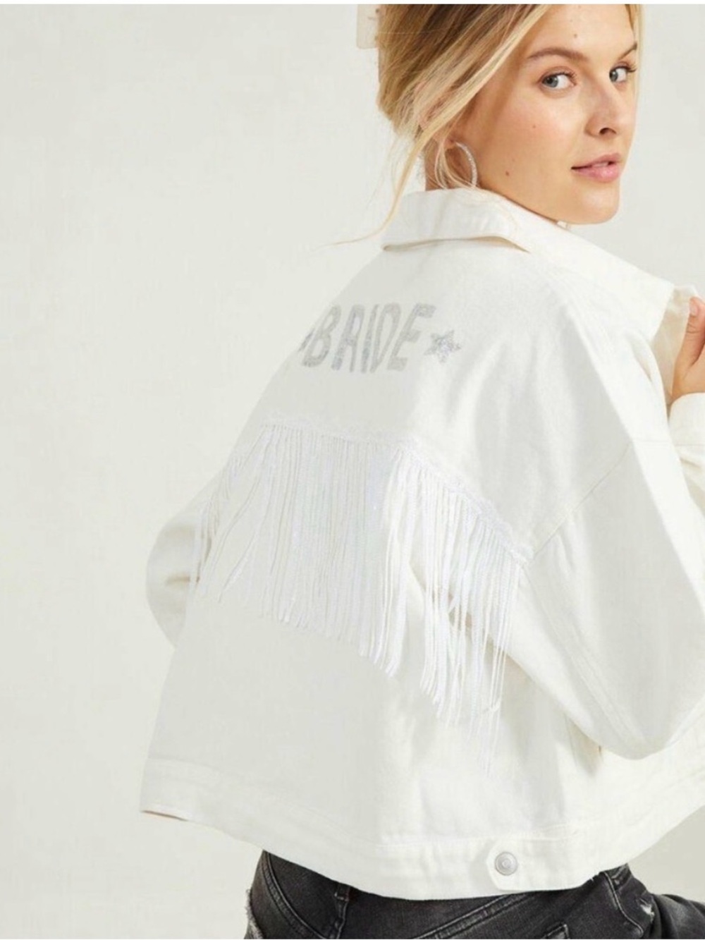 White Fringe 'Bride’ Denim Jacket